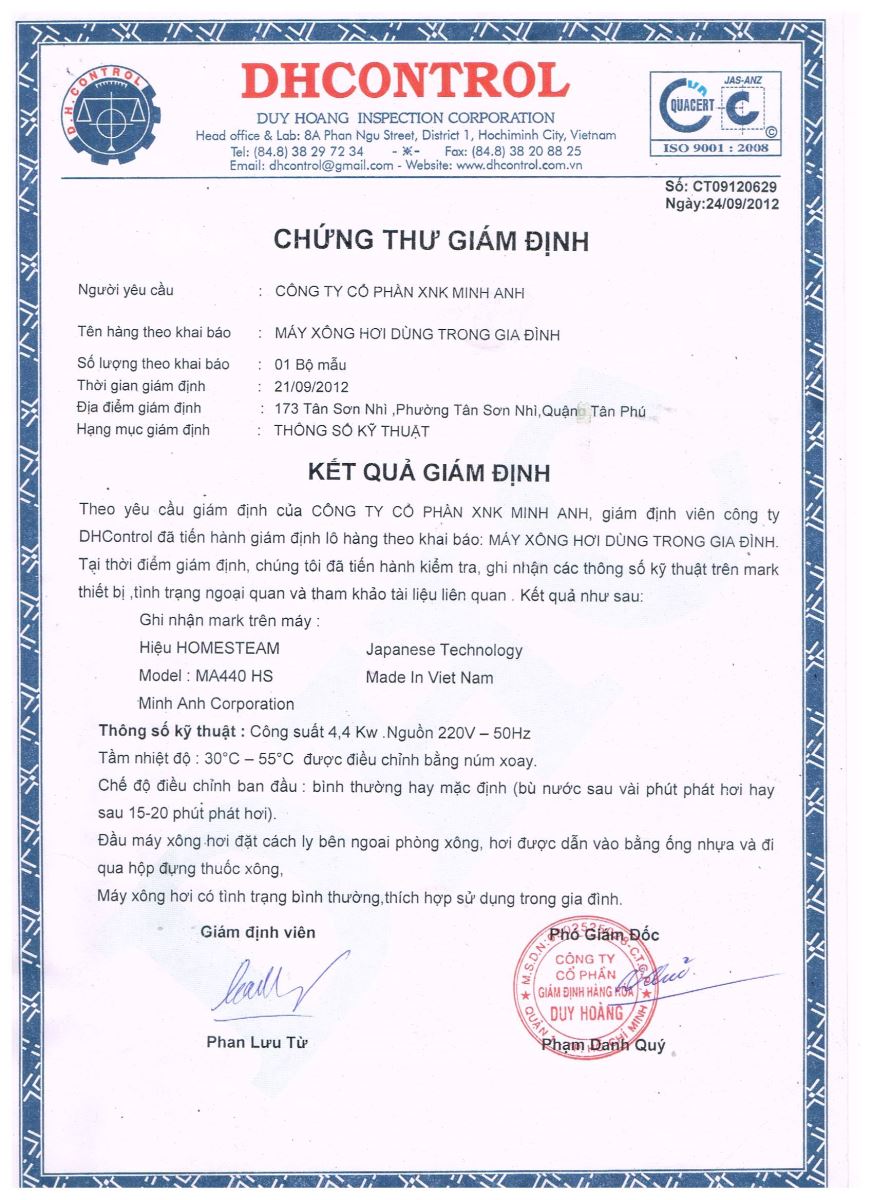 chứng thư giám định chất lượng sản phẩm máy xông hơi